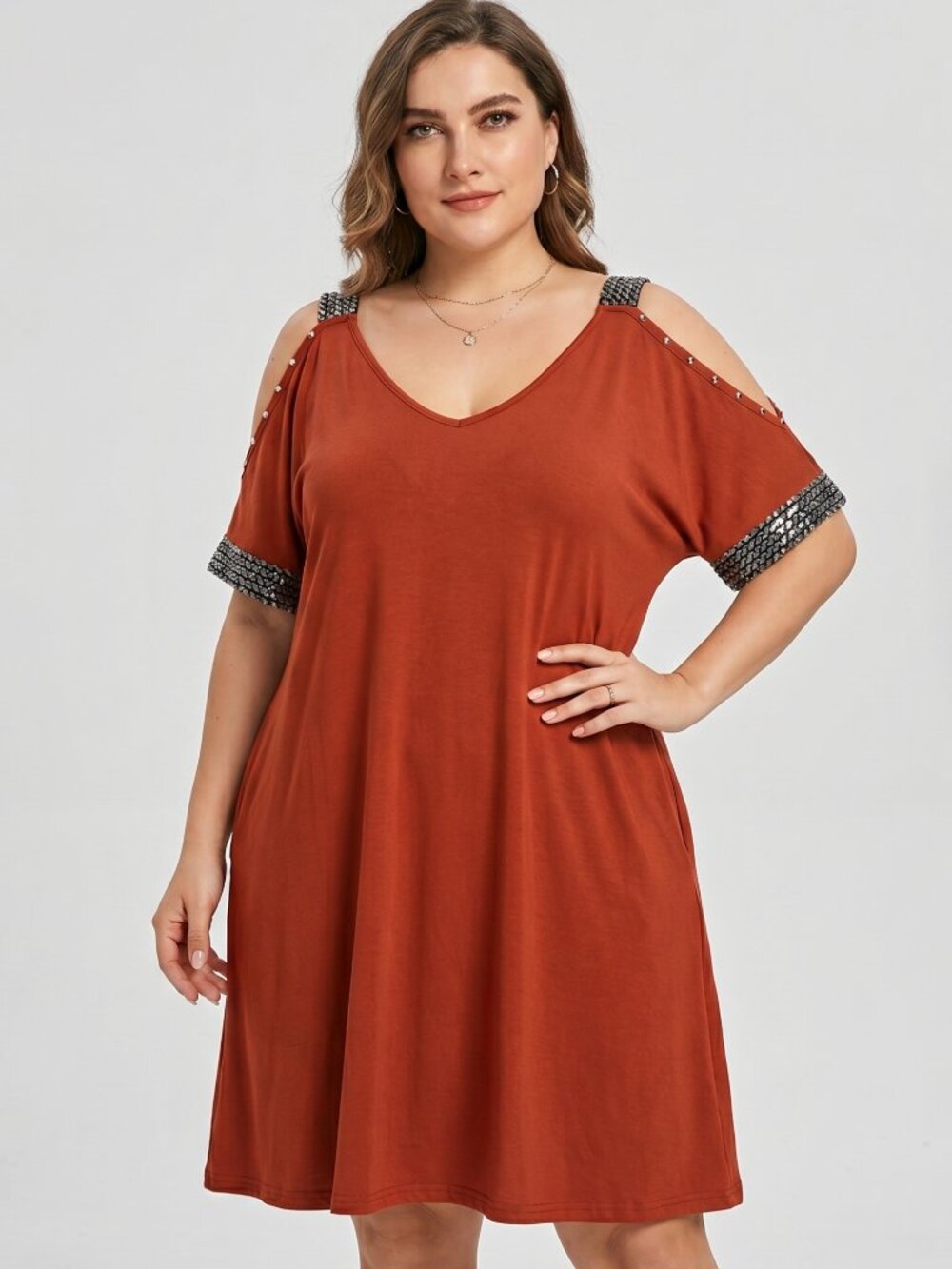 NWT | Kipfall | Burnt Orange Sequin Trim Cold Shoulder Open Arm Dress with Pocke